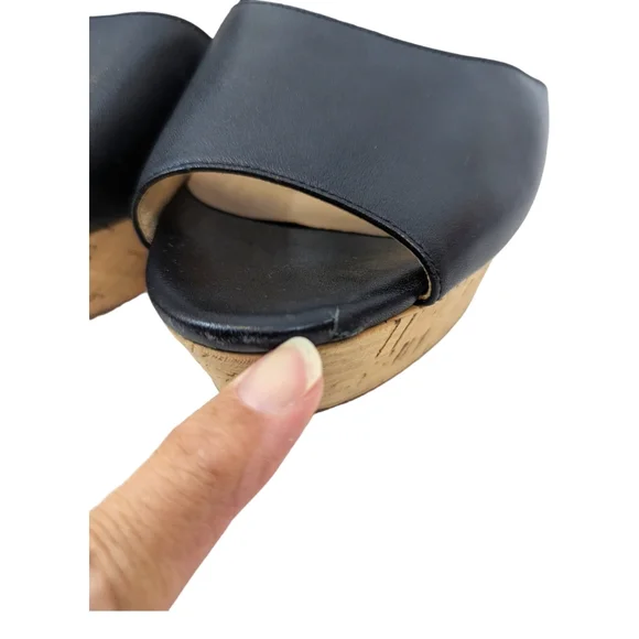 Cole Haan Gillian Mid Wedge Leather Sandals 10 Black Cork Platform Ankle Strap - Picture 4 of 14